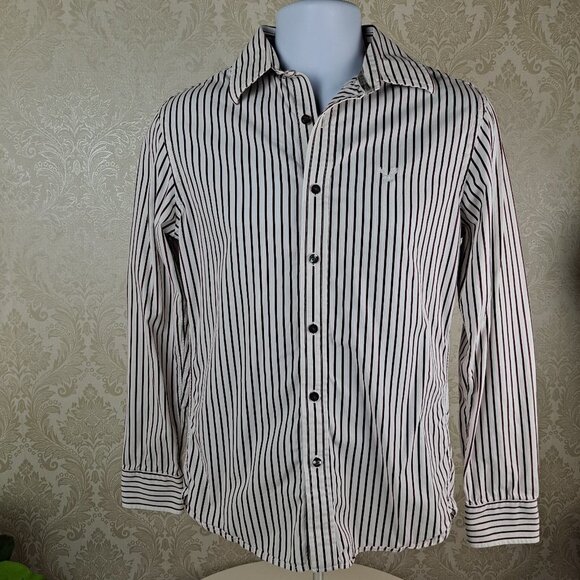 American Eagle Size XS Vintage Fit Burgundy/White Striped Button Down Shirt EUC - Picture 1 of 9